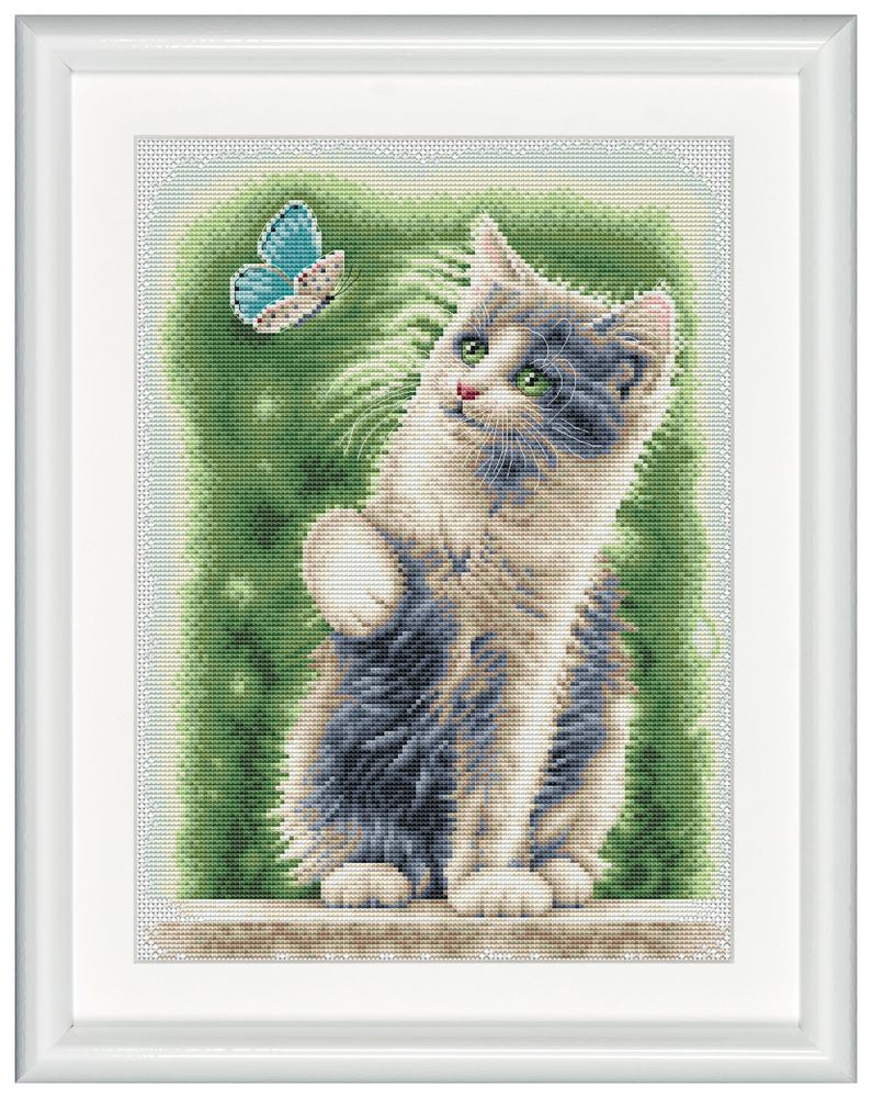 Набор для вышивания нитками Dutch Stitch Brothers, Котик с бабочкой, канва Aida 14 ct, 24х34 см