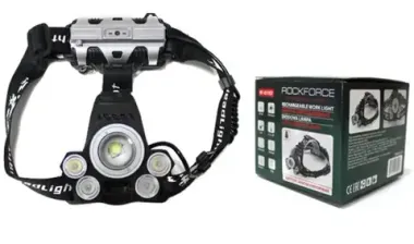 Фонарь светодиодный аккумуляторный налобный(5W LED,500Lm,2000mAh,зарядка12V,время раб.4ч,время заряд.5ч,защита гнезда зарядки,синий/белый/желтый свет) RockFORCE RF-01157