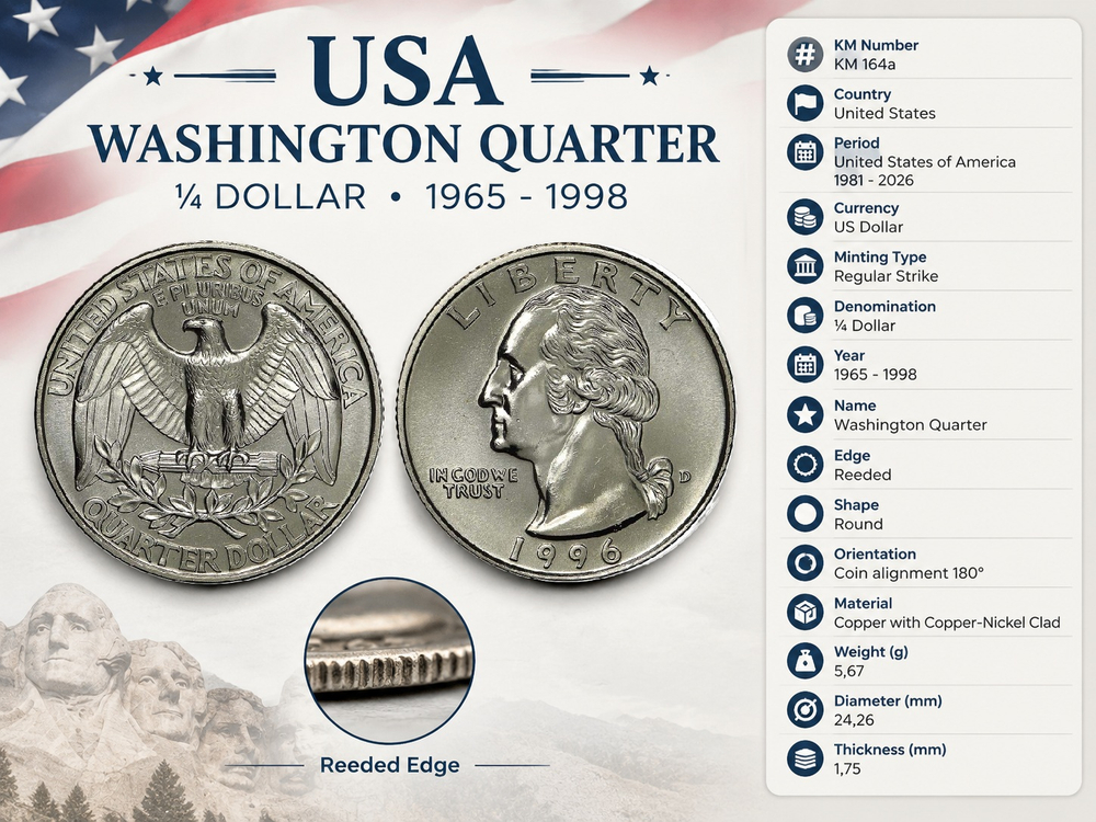 США 25 центов, 1996 D Джордж Вашингтон XF