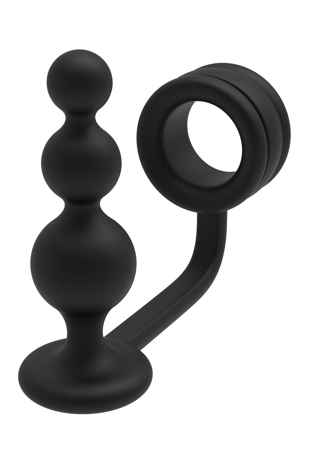 Черное эрекционное кольцо с анальной елочкой Cockring With Beaded Anal Plug (Цвет: черный)