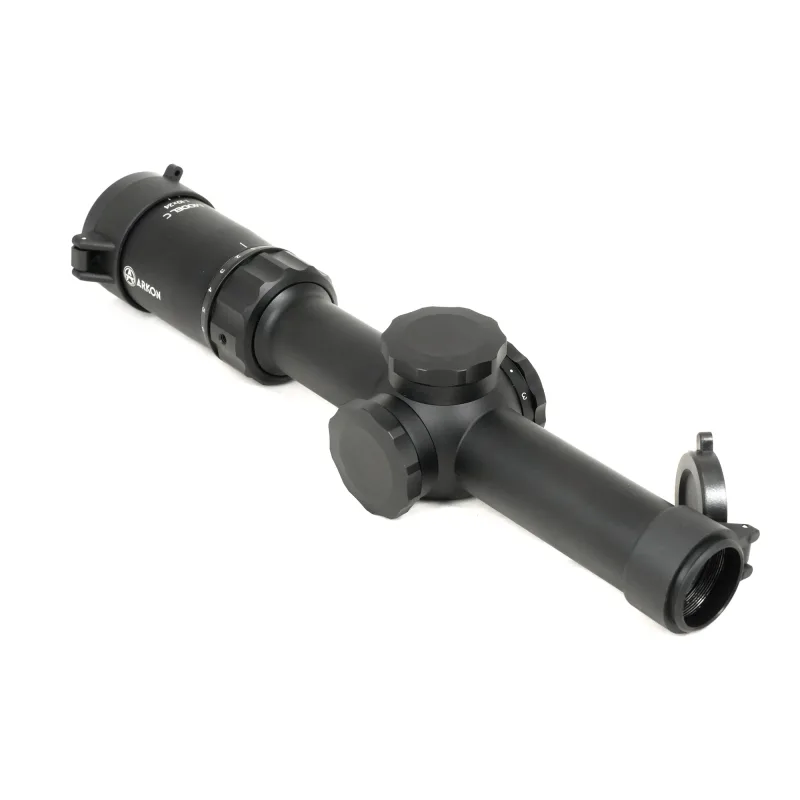 Оптический прицел ARKON Model C 1-10x24 MC9-2DMRAD - вид сбоку, барабаны ввода правок и крышка объектива