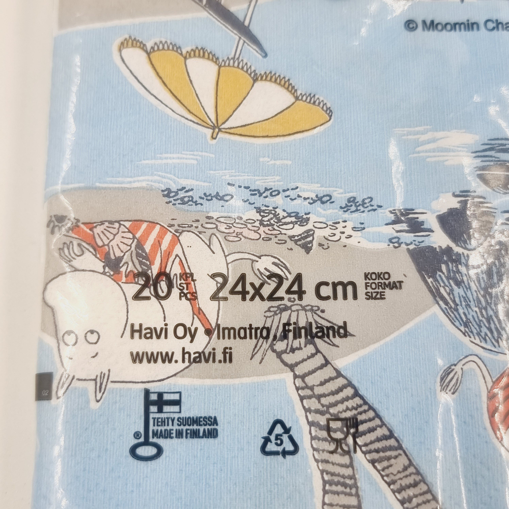 Салфетки бумажные Moomin, синего цвета 24х24 см, в упаковке 20 салфеток, (из Финляндии)