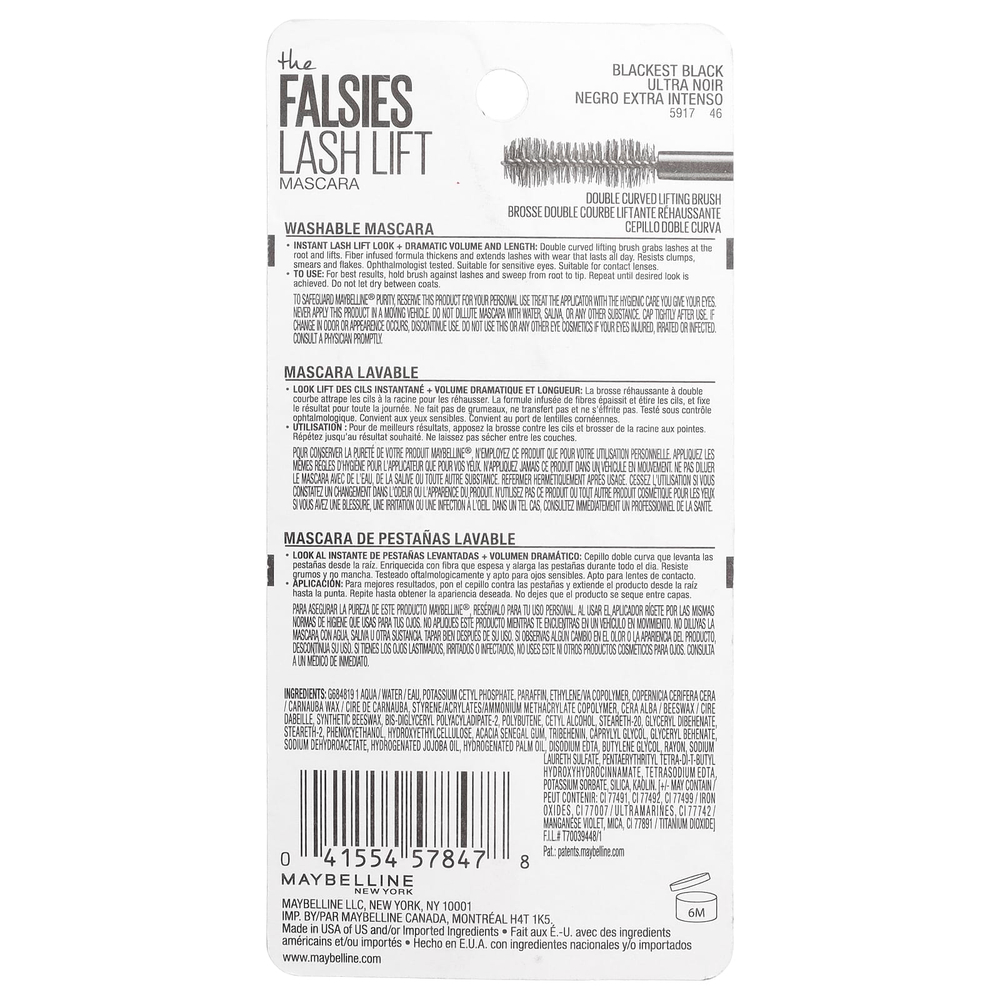 Maybelline, The Falsies Lash Lift, тушь для ресниц, оттенок 200 угольно-черный, 9,6 мл (0,32 жидк. унции)