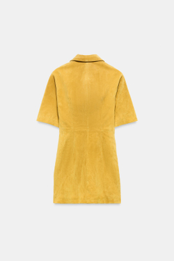 ZARA КОРОТКОЕ ПЛАТЬЕ ИЗ 100% КОЖИ НА МОЛНИИ, ГОРЧИЧНЫЙ