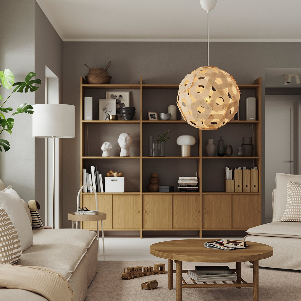 IKEA ÖDLEBLAD  (ИКЕА ЁДЛЕБЛАД)  -  / SUNNEBY Лампа подвесная - берёзовый шпон/белый 48 см