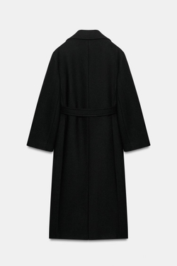 ZARA ДЛИННОЕ ШЕРСТЯНОЕ ПАЛЬТО С ПОЯСОМ, ЧЕРНЫЙ
