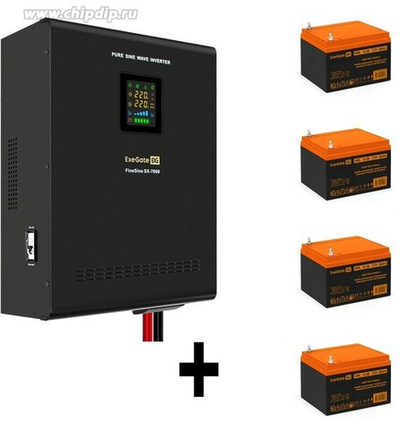 Источники бесперебойного питания (UPS, ИБП) ExeGate EX296678RUS, Комплект ИБП ExeGate FineSine SX-7000.LCD.AVR.2SH.T + Батарея 26Aч, 4 шт. (ИБП EX296005RUS: 7000VA/5000W, чистая синусоида, цв