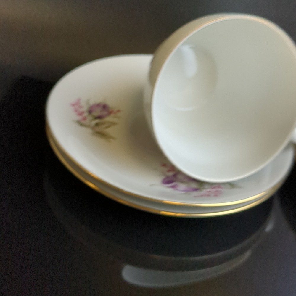 Чайные пары набор на 4 персоны фарфор, изящные цветы, Wloclawek porcelana, золочение, винтаж Польша, времён СССР 1967-1973 гг