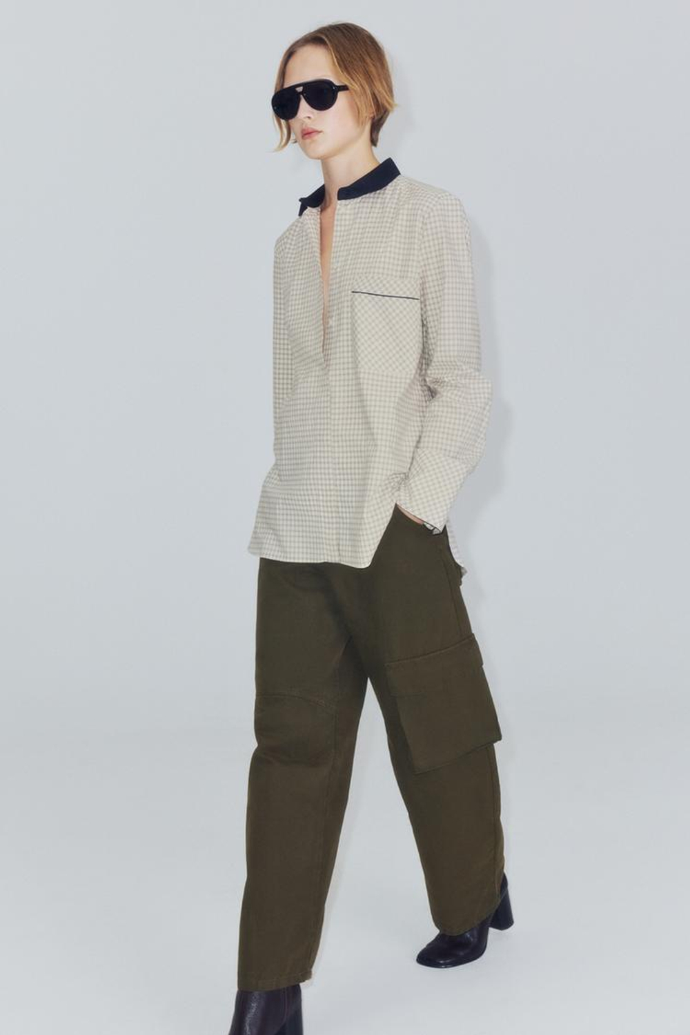 ZARA РУБАШКА В КЛЕТКУ С КОНТРАСТНЫМ ВОРОТНИКОМ ZW COLLECTION, ЭКРЮ