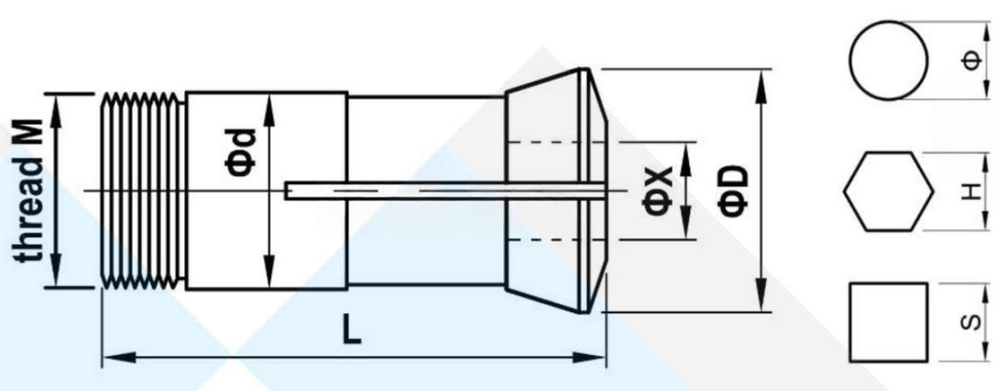 Люнетная цанга (направляющая втулка) ΦD 14.5 мм, резьба M10x0.75, отверстие до 7 мм, для автоматов R07