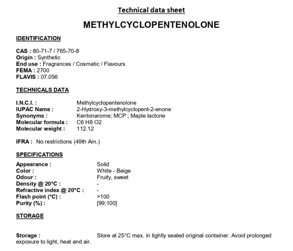 METHYL CYCLOPENTENOLONE / МЕТИЛ ЦИКЛОПЕНТЕНОЛОН ( MAPLE LACTONE , CORYLON ) CAS 80-71-7 ; 765-70-8
