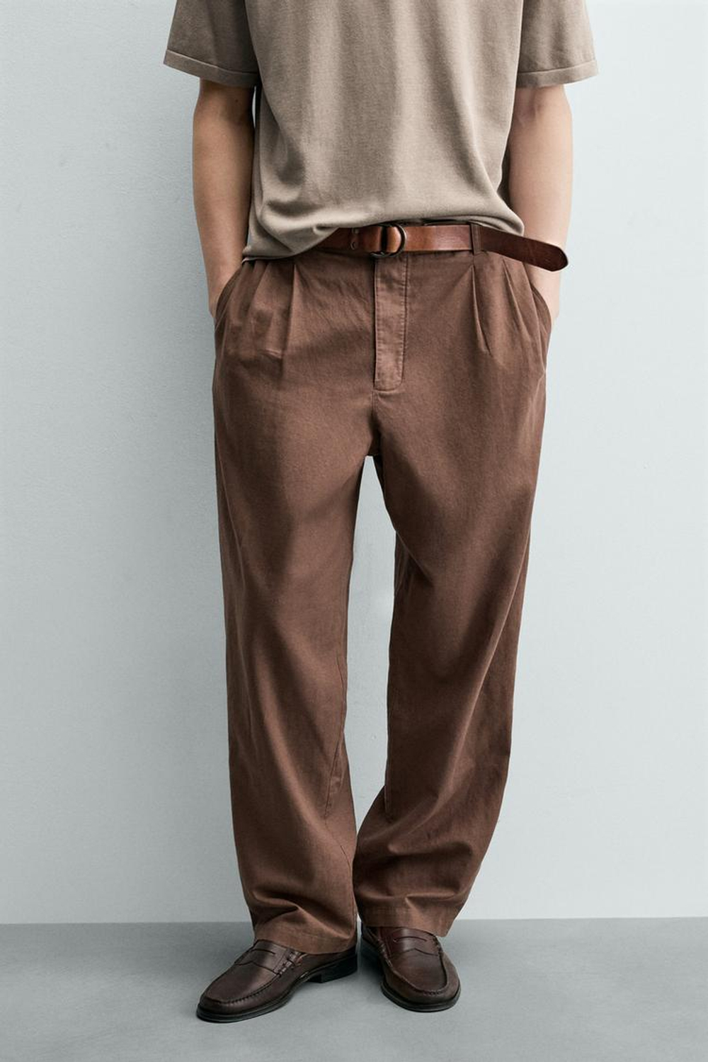 ZARA БРЮКИ RELAXED FIT ИЗ КОНОПЛИ И ХЛОПКА, КОРИЧНЕВЫЙ
