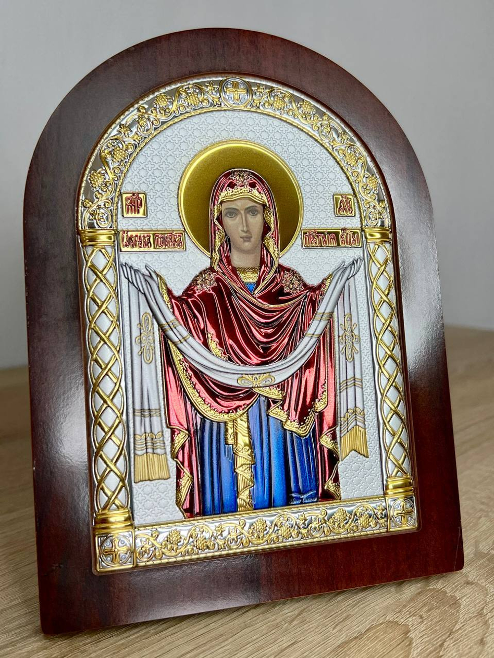 Покрова, икона арочная, красное дерево, эмаль 150х200