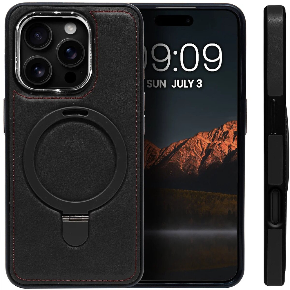 Business style чехол из кожи для IPHONE 16 PRO с кольцом-подставкой и бархатной подкладкой