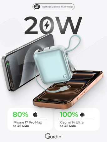 Внешний аккумулятор Gurdini Flow Power (CCC) 10000 mAh 20W ( built-in cables) USB-C/Lightning Light Cyan