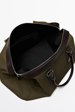 Massimo Dutti Дорожная сумка с отделкой из кожи наппа, Хаки