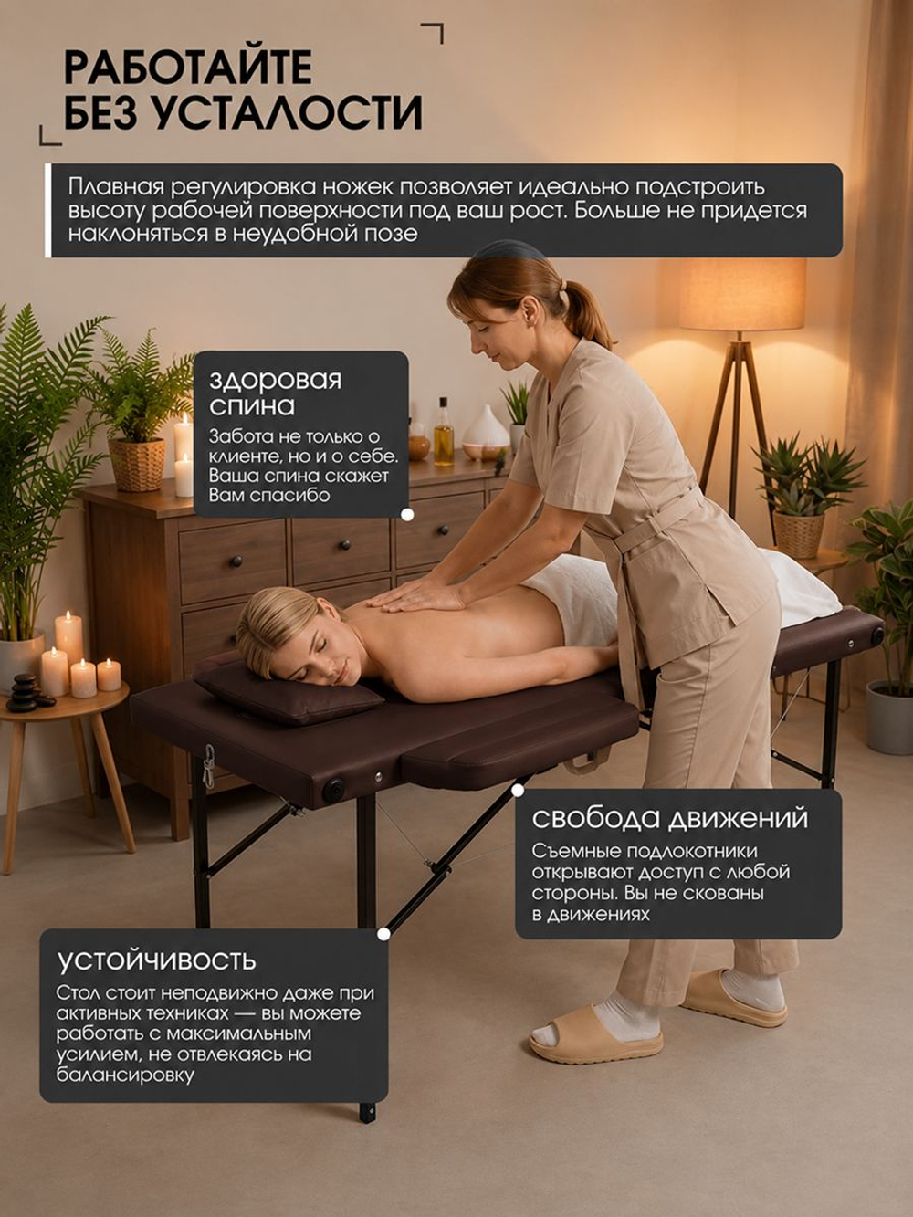 Массажная кушетка, стол складной с регулировкой высоты Massagecomplekt, 190*70, c подлокотниками