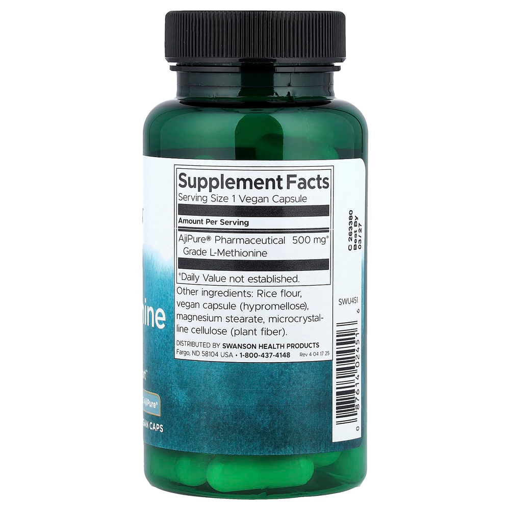Swanson Vitamins, L-метионин, с AjiPure®, 500 мг, 60 веганских капсул