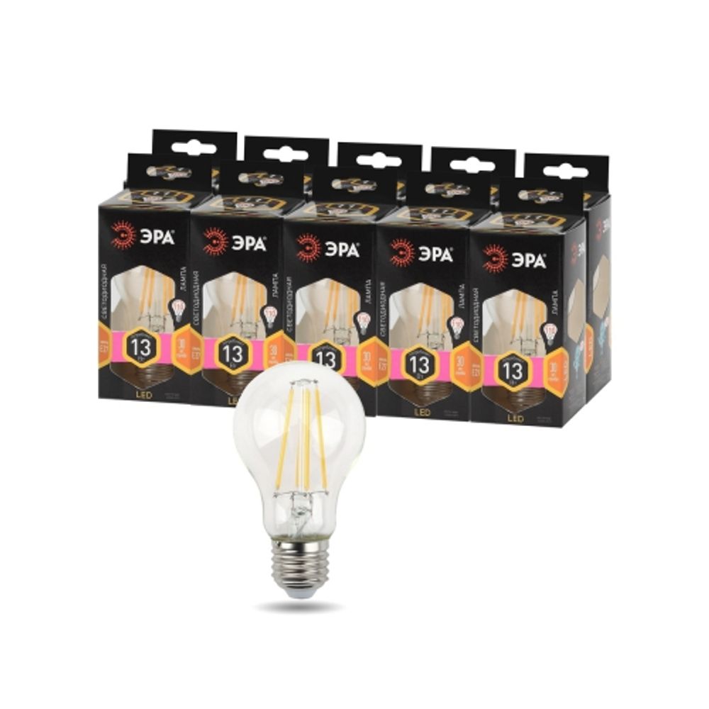 Лампа светодиодная ЭРА F-LED A60-13W-827-E27 13Вт филамент груша теплый белый свет E27 | Филаментные декоративные