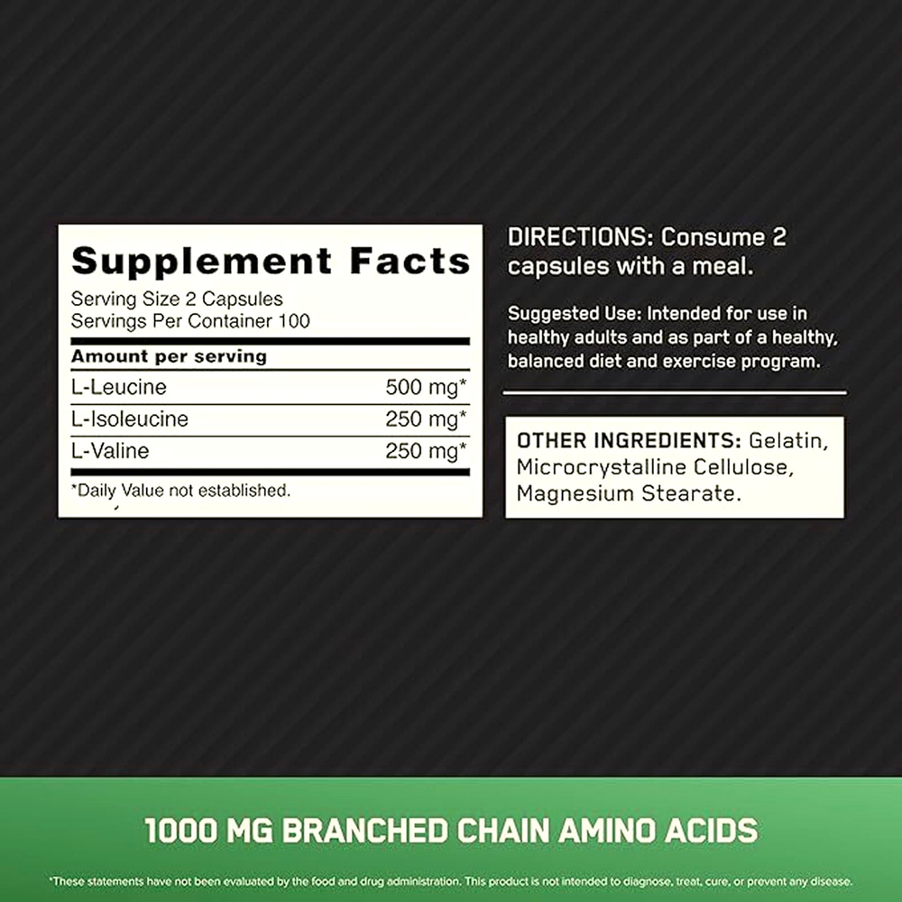 Optimum Nutrition, BCAA 1000, аминокислоты с разветвлённой цепью, 200 капсул (500 мг в 1 капсуле)
