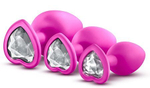 Набор розовых анальных пробок с прозрачным кристаллом-сердечком Bling Plugs Training Kit (Цвет: розовый)