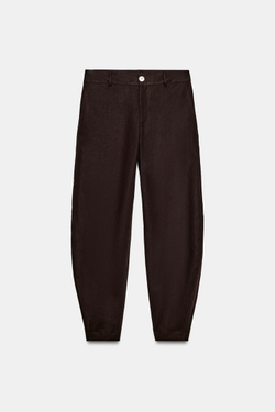 ZARA ЛЬНЯНЫЕ БРЮКИ BARREL, КОРИЧНЕВЫЙ