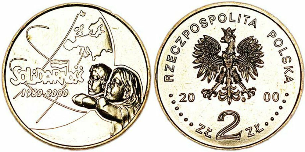 Польша 2 злотых, 2000 20 лет независимому самоуправляемому профсоюзу «Солидарность» aUNC