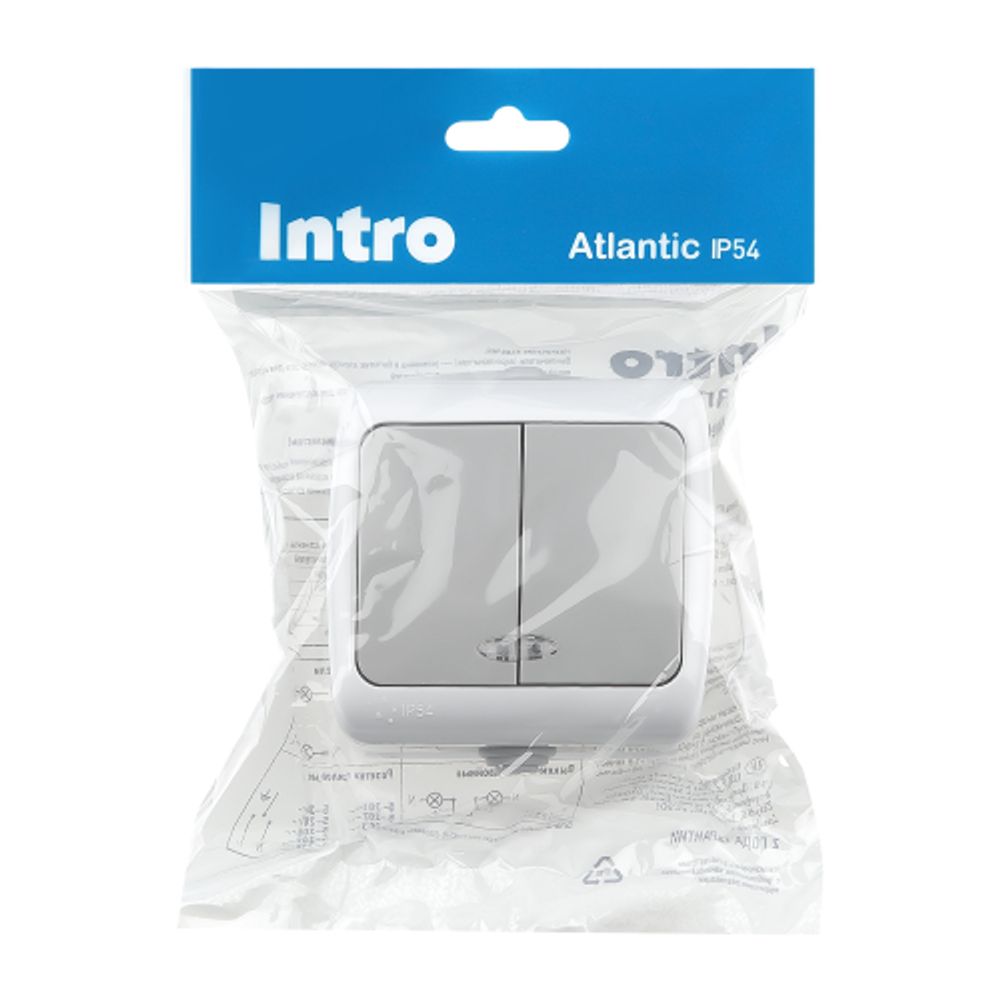 Выключатель Intro Atlantic 5-105-03 двойной с подсветкой, 10А-250В, IP54, открытой установки, серый | Intro