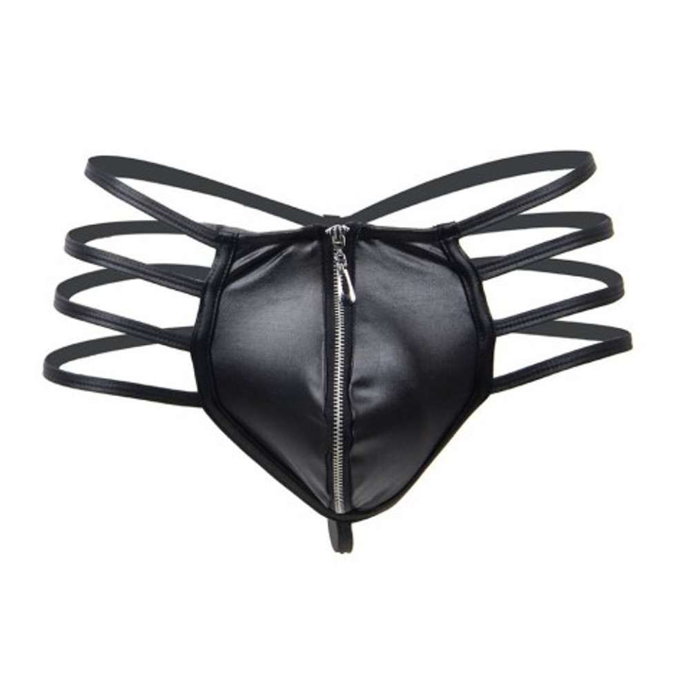 Кожаные мужские стринги Ohyeah Zipper Black, на молнии со стрепами, S