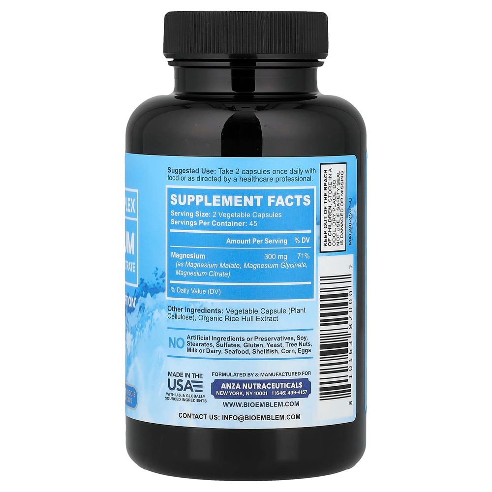 BioEmblem, магний, комплекс тройного действия, 90 растительных капсул