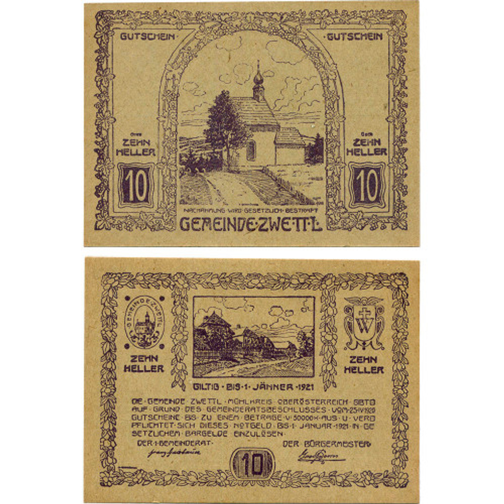 Австрия 10 геллеров 1920 Цветль aUNC