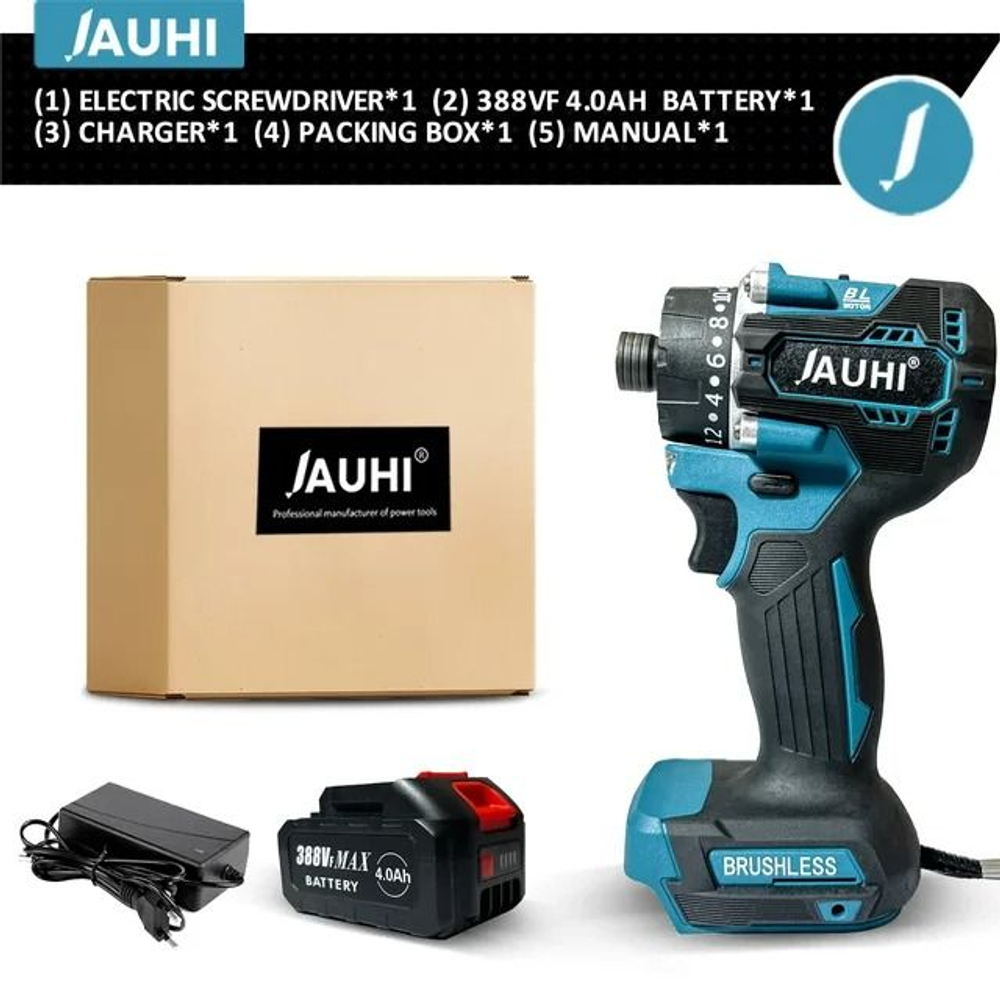 Шуруповерт аккумуляторный бесщеточный JAUHI 4000об./мин с увеличенным моментом 18Вт 2 АКБ 388Vf 4000