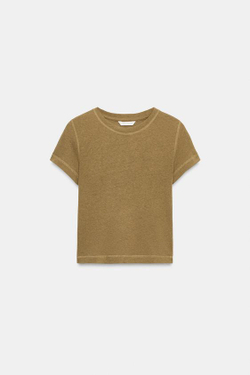 ZARA ФУТБОЛКА В СТИЛЕ РУСТИК С КОРОТКИМИ РУКАВАМИ, ГОРЧИЧНЫЙ