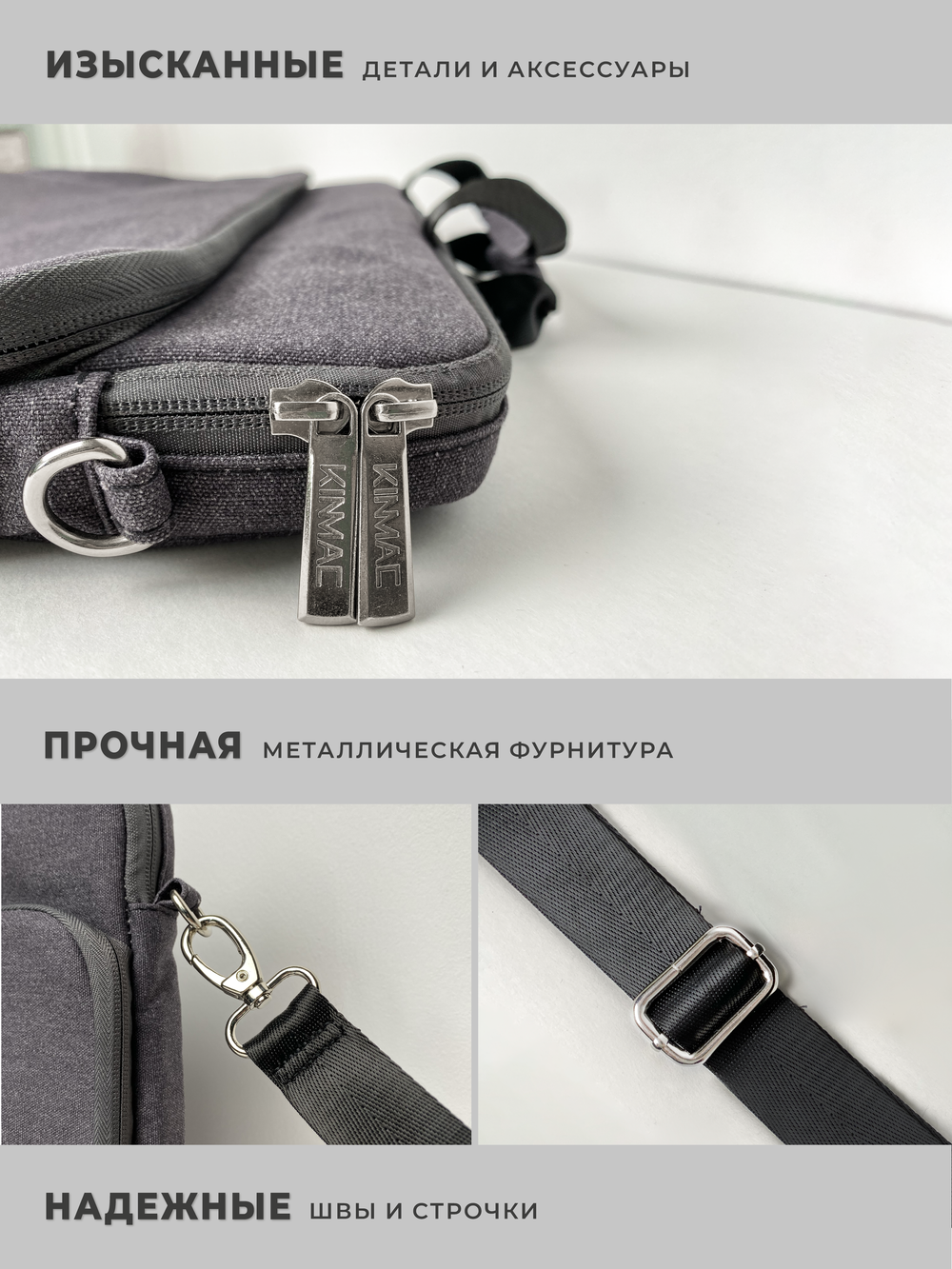 Сумка для ноутбука 15,6" и 17" с ремнем на плечо и большим карманом спереди (Серый)