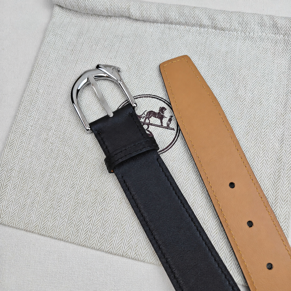 Мужской ремень Hermès 3.2 см — чёрный / коньячный — фото 3