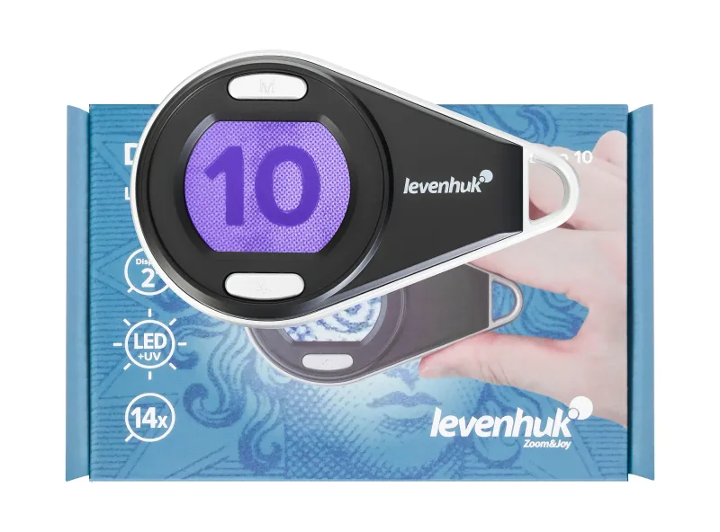 Лупа цифровая Levenhuk ERGO 10 на упаковке, голографический экран с 10