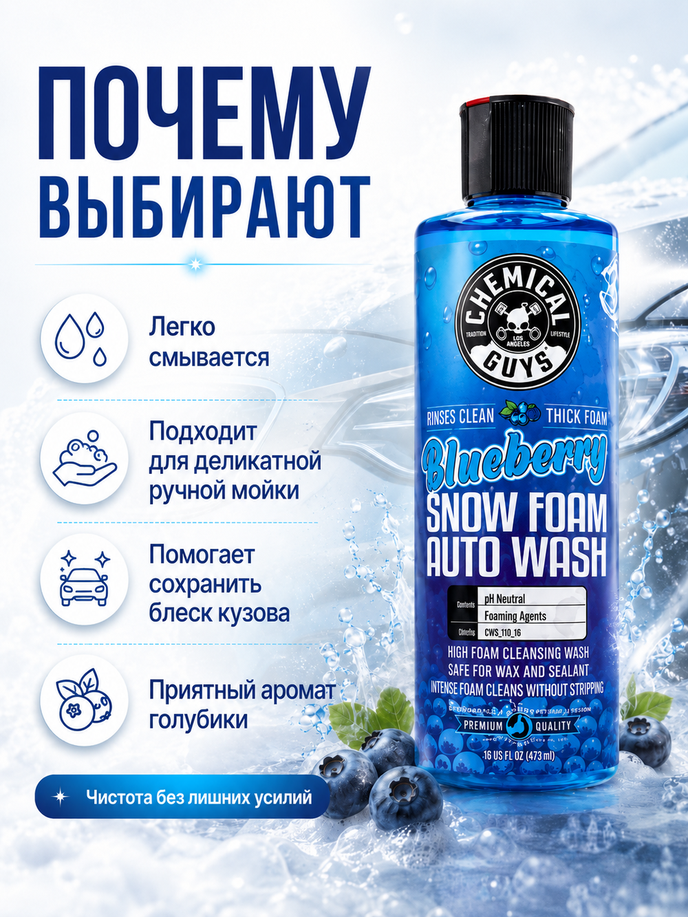 Chemical Guys Шампунь для ручной мойки Blueberry Snow Foam Auto Wash 473мл