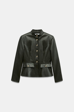 ZARA КУРТКА ИЗ ИСКУССТВЕННОЙ КОЖИ С ПОДПЛЕЧНИКИ, ТЕМНЫЙ ХАКИ