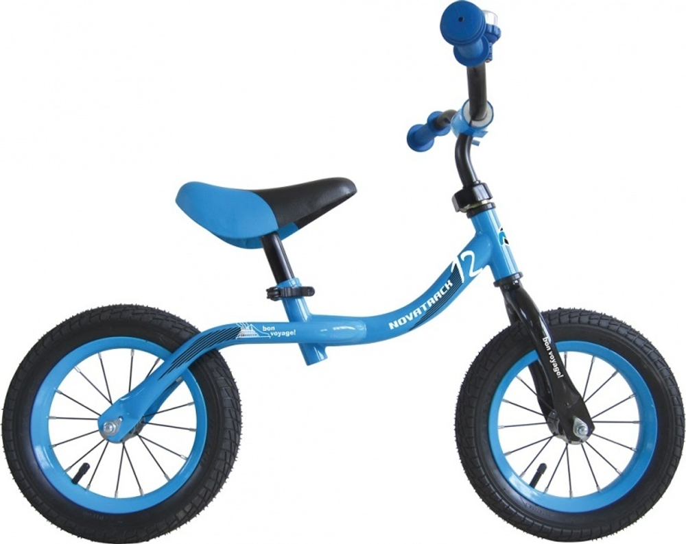 Беговел 12" Novatrack Bonvoyage синий, цветной спицованный обод, камера, покрышка