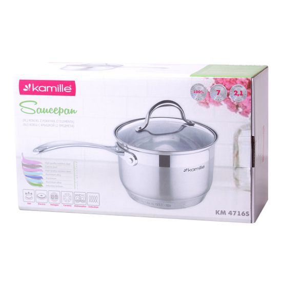 Ковш 1,8 л. из нержавеющей стали Kamille KM 4716S со стеклянной крышкой и 7-слойным дном