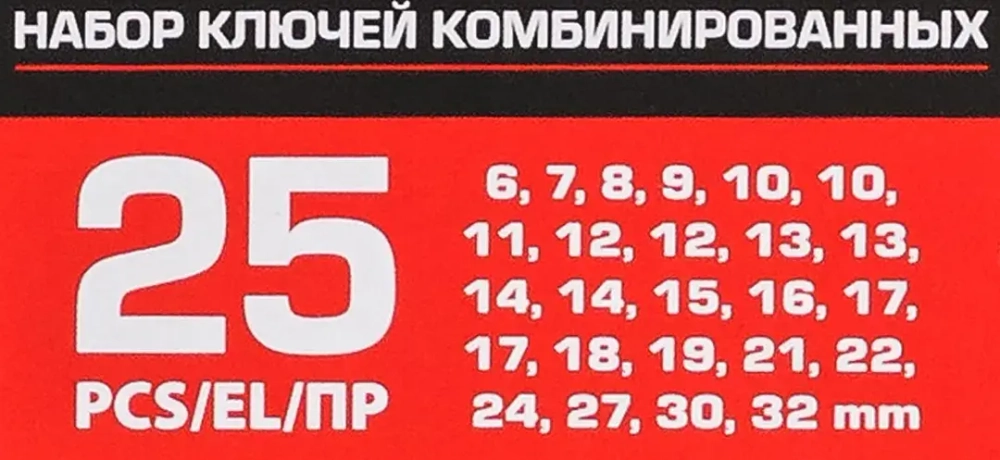 Набор ключей комбинированных 25пр.(6,7,8,9,10-2шт,11,12-2шт,13-2шт,14-2шт,15,16,17-2шт,18,19,21,22,24,27,30,32мм),в пластиковом держателе Forsage F-5261MP