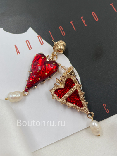 Серьги в форме "Сердца" красные с подвесками из натурального жемчуга