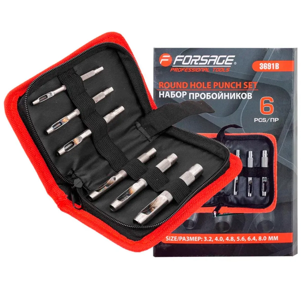 Набор пробойников 6пр. (3.2, 4, 4.8, 5.6, 6.4, 8мм),в сумке Forsage F-3691B