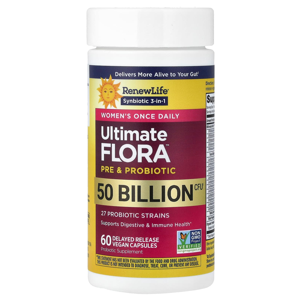Renew Life, Ultimate Flora™, пробиотик, 50 млрд КОЕ, 60 веганских капсул с отсроченным высвобождением