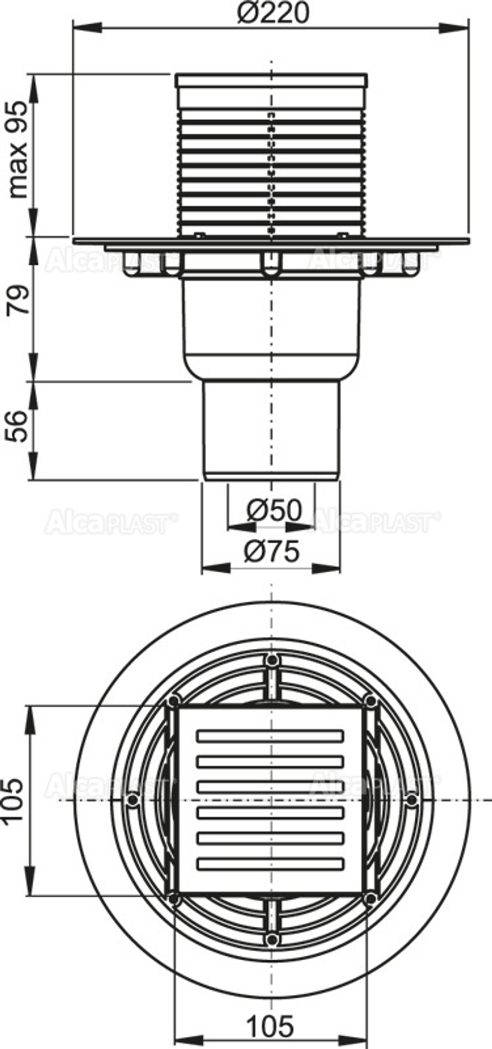 Душевой трап Alcadrain 105х105/50/75 решетка из нерж стали (APV203)