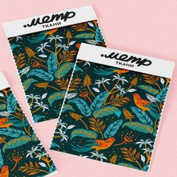 Ткань флис синие листья с оранжевыми птицами