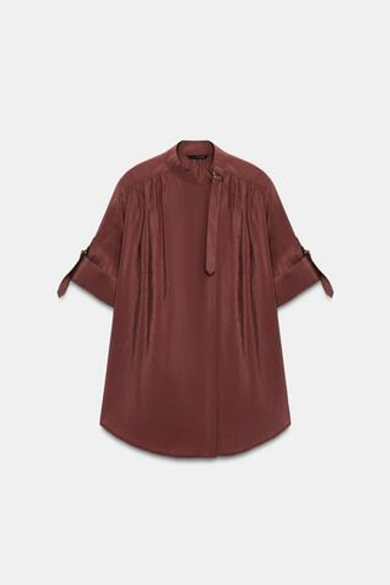 ZARA РУБАШКА С РУКАВАМИ С ПОДВОРОТОМ, ТЕМНЫЙ ЧЕРЕПИЧНЫЙ