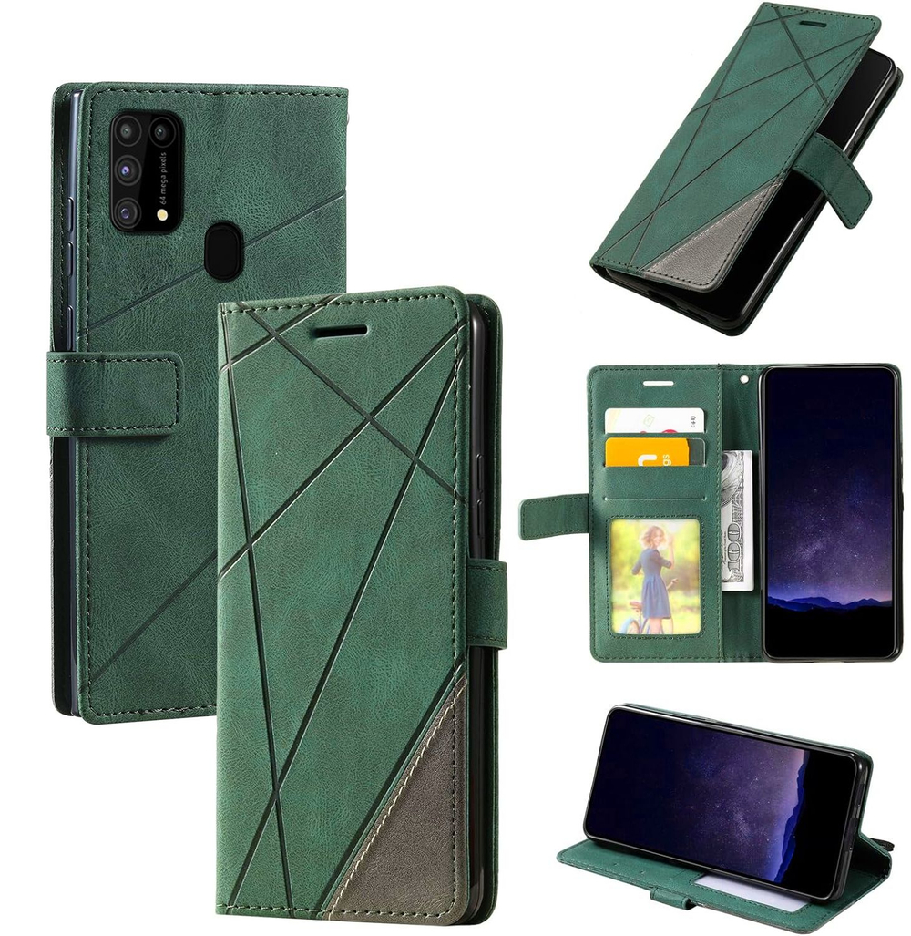 Дизайнерский чехол-книжка из кожи для SAMSUNG M31 / M21S / F41 с отделом для наличных, 3 слотами для карт и подставкой