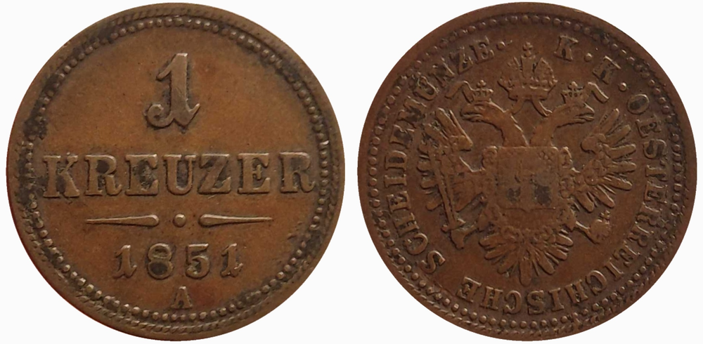 Австрия 1 крейцер, 1851 A Император Франц Иосиф I VF