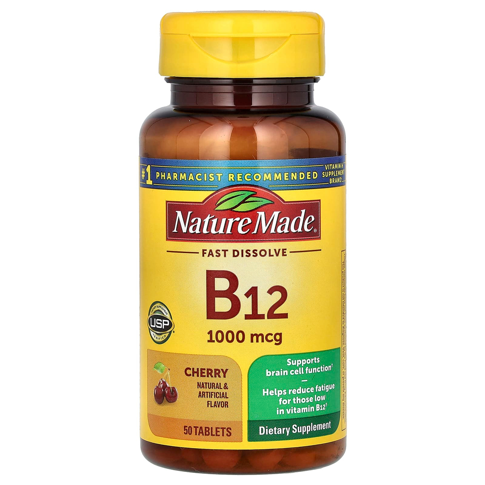 Nature Made, B12, сублингвальный витамин B12, с вишней, 1000 мкг, 50 таблеток